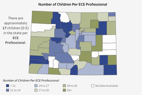 Map of Colorado showing the number of children per early childhood education professional per county. 